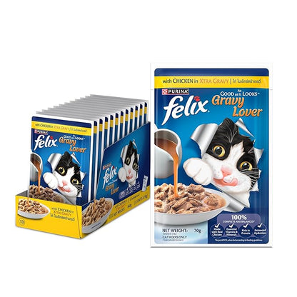 Felix Gravy Lover, Tasty & Real Meaty Chicken Chunks, Wet Cat Food, Balanced Nutrition, 24 Months, Pack of 12 Pouches (12x70g)