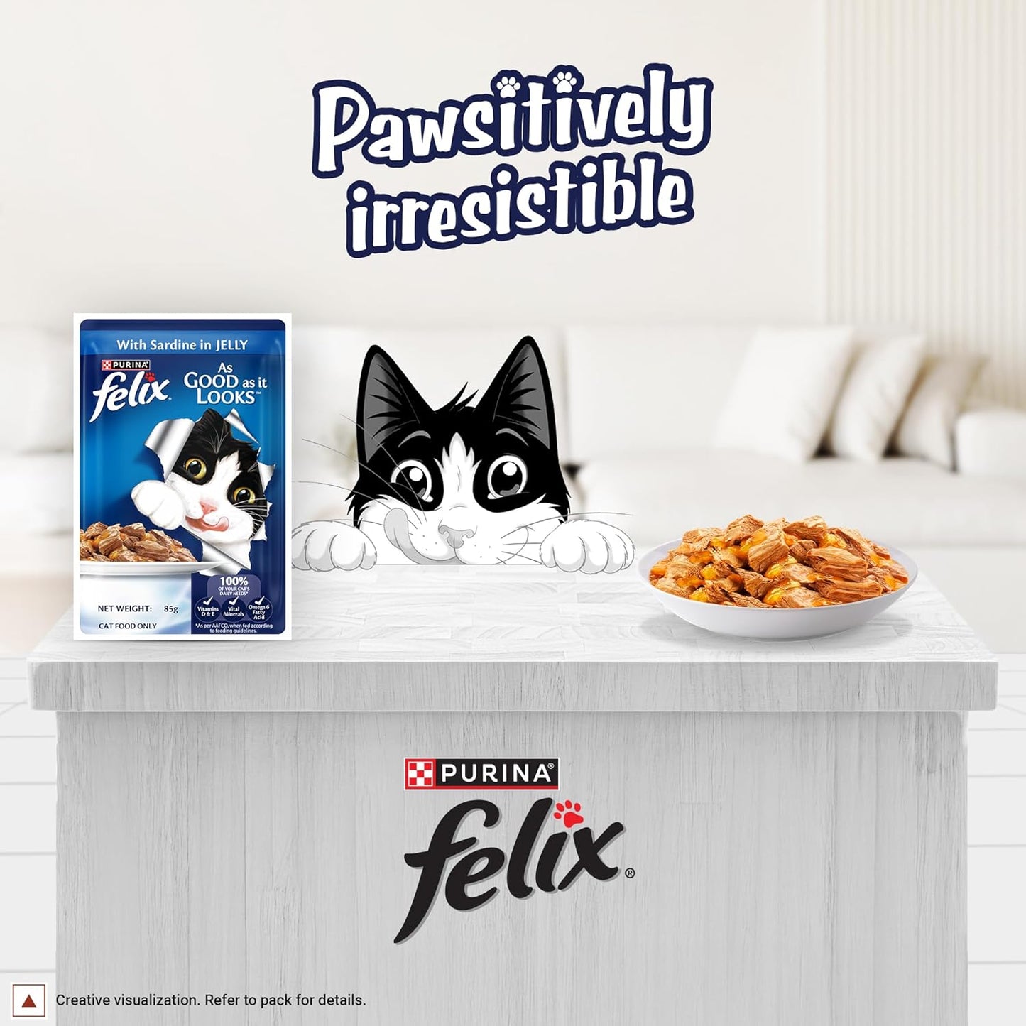 Felix with Sardine in Jelly | Wet Food for Adults | Complete and Balanced Cat Food, Pack of 12 Pouches (12 x 85 g)