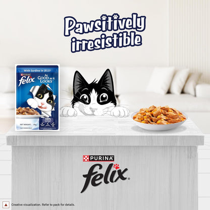 Felix with Sardine in Jelly | Wet Food for Adults | Complete and Balanced Cat Food, Pack of 12 Pouches (12 x 85 g)