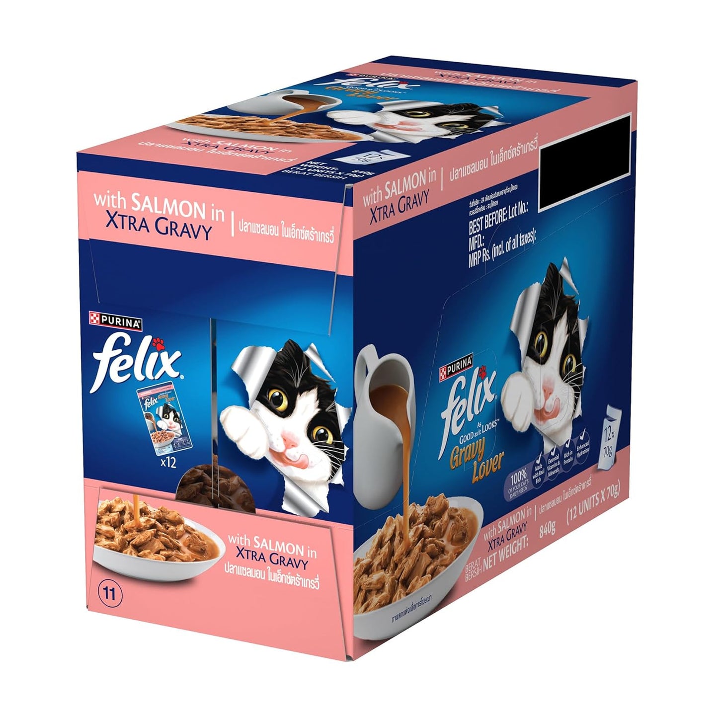 Felix Gravy Lover, Tasty & Real Meaty Salmon Chunks, Wet Cat Food, Balanced Nutrition, 24 Months, Pack of 12 Pouches (12x70g)