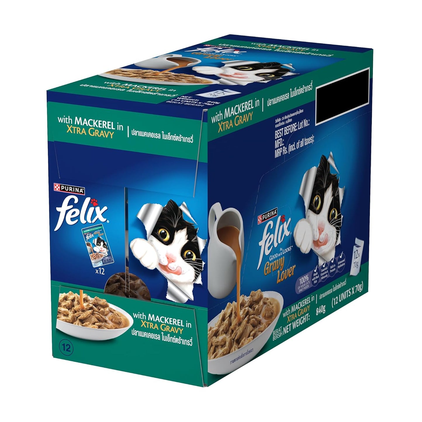 Felix Gravy Lover, Tasty & Real Meaty Mackerel Chunks, Wet Cat Food, Balanced Nutrition, 24 Months, Pack of 12 Pouches (12x70g)