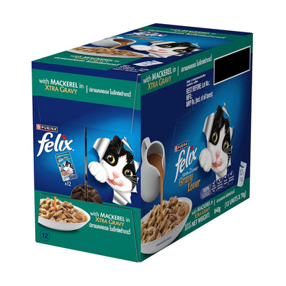Felix Gravy Lover, Tasty & Real Meaty Mackerel Chunks, Wet Cat Food, Balanced Nutrition, 24 Months, Pack of 12 Pouches (12x70g)