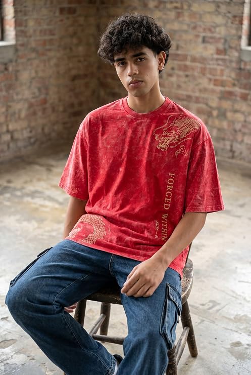 Men's Red Acid Wash Oversized T-Shirt | Japanese Dragon Graphic Heavyweight Cotton Streetwear Tee