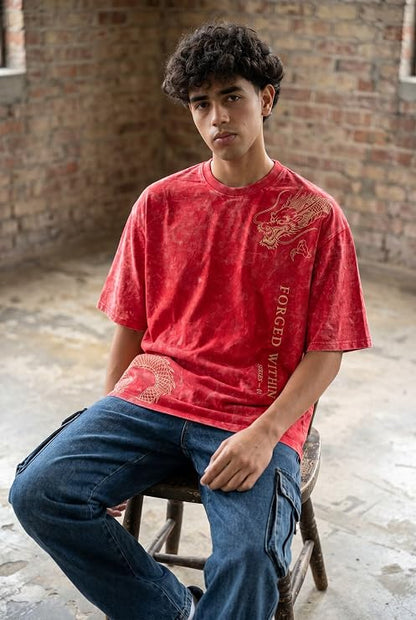 Men's Red Acid Wash Oversized T-Shirt | Japanese Dragon Graphic Heavyweight Cotton Streetwear Tee