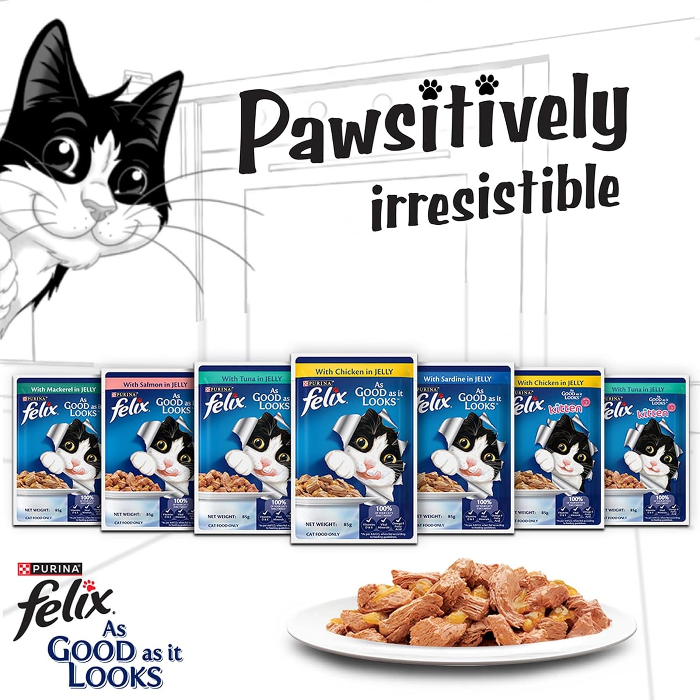 Felix Wet Food for Adult Cats | Tuna, Salmon & Chicken in Jelly | Complete and Balanced Cat Food | 36 x 85g (Pack of 36)