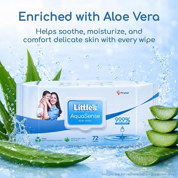 Little's 99.9% Pure Water AquaSense Baby Wipes | Unscented | with Aloe Vera | Pack of 4 X 72 Wipes | Plant-based | 100% Biodegradable | No Paraben