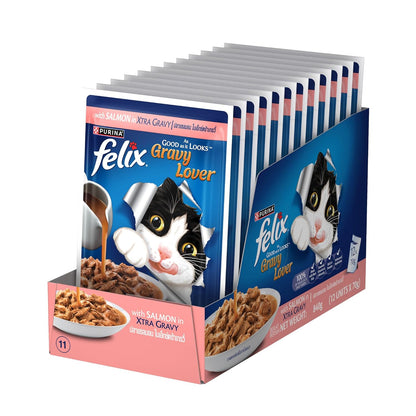 Felix Gravy Lover, Tasty & Real Meaty Salmon Chunks, Wet Cat Food, Balanced Nutrition, 24 Months, Pack of 12 Pouches (12x70g)