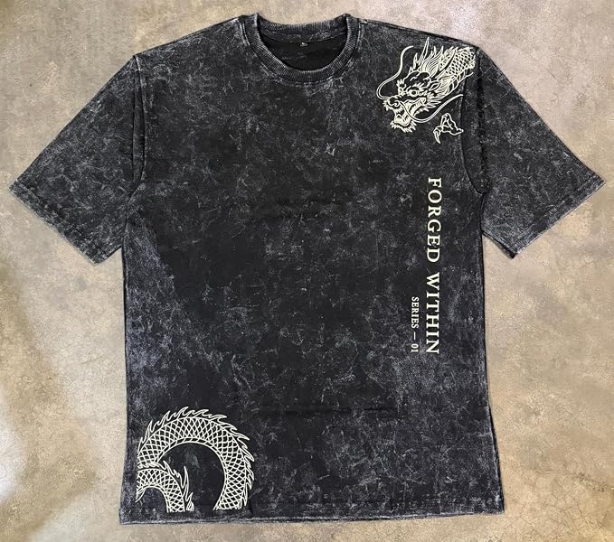 Men's Acid Wash Vintage Oversized T-Shirt | Japanese Dragon Graphic Heavyweight Cotton Streetwear Tee