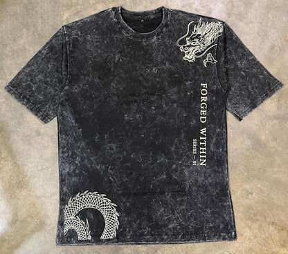 Men's Acid Wash Vintage Oversized T-Shirt | Japanese Dragon Graphic Heavyweight Cotton Streetwear Tee