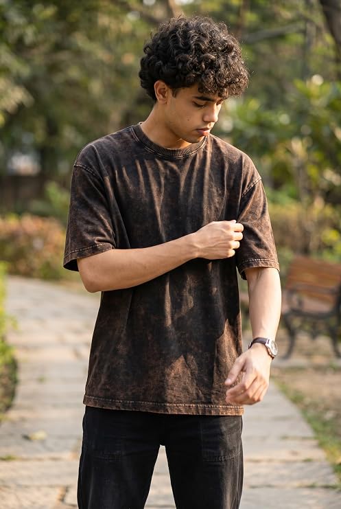 Men's Brown Acid Wash Vintage Plain Oversized T-Shirt | Heavyweight Cotton Blank Streetwear Tee