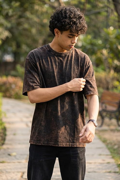 Men's Brown Acid Wash Vintage Plain Oversized T-Shirt | Heavyweight Cotton Blank Streetwear Tee