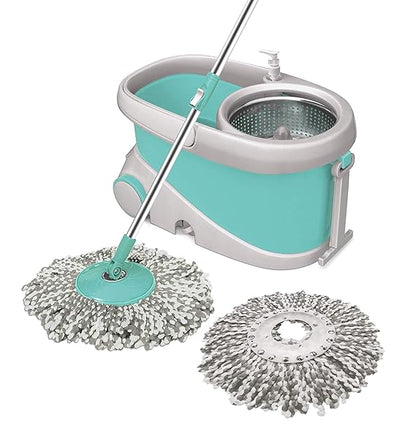 Spotzero by Milton Prime Stainless Steel Wringer Spin Mop | 360° Floor Cleaning System | 2 Microfiber Refills | Aqua Green