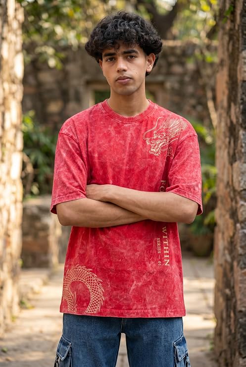 Men's Red Acid Wash Oversized T-Shirt | Japanese Dragon Graphic Heavyweight Cotton Streetwear Tee