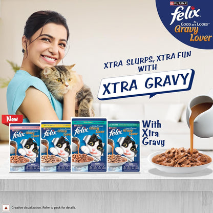 Felix Gravy Lover, Tasty & Real Meaty Mackerel Chunks, Wet Cat Food, Balanced Nutrition, 24 Months, Pack of 12 Pouches (12x70g)