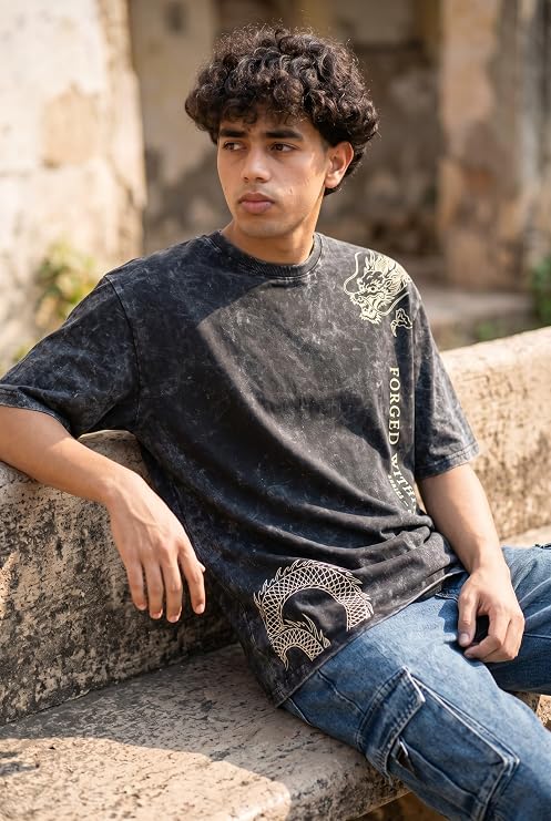 Men's Acid Wash Vintage Oversized T-Shirt | Japanese Dragon Graphic Heavyweight Cotton Streetwear Tee
