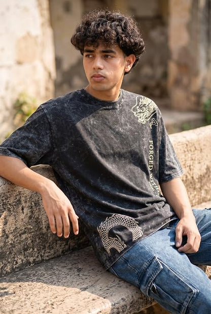Men's Acid Wash Vintage Oversized T-Shirt | Japanese Dragon Graphic Heavyweight Cotton Streetwear Tee