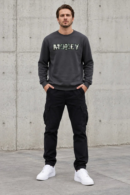 Men’s Charcoal Grey Money Graphic Printed Sweatshirt – Urban Streetwear Crew Neck