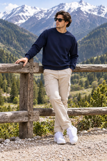 Men’s Navy Blue Nature Landscape Graphic Printed Sweatshirt – Crew Neck Casual Winter Wear