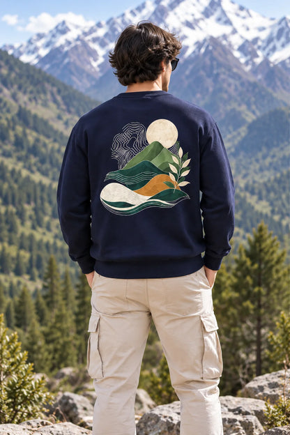 Men’s Navy Blue Nature Landscape Graphic Printed Sweatshirt – Crew Neck Casual Winter Wear