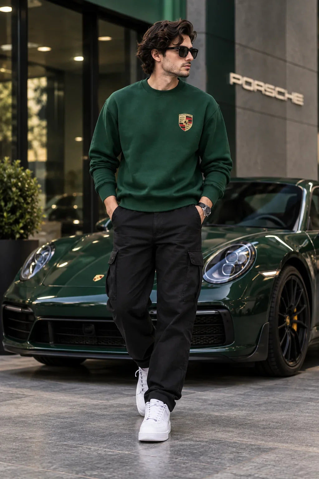Men’s Bottle Green Sports Car Graphic Printed Sweatshirt – Front & Back Automotive Streetwear