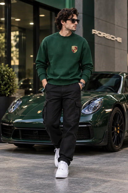 Men’s Bottle Green Sports Car Graphic Printed Sweatshirt – Front & Back Automotive Streetwear