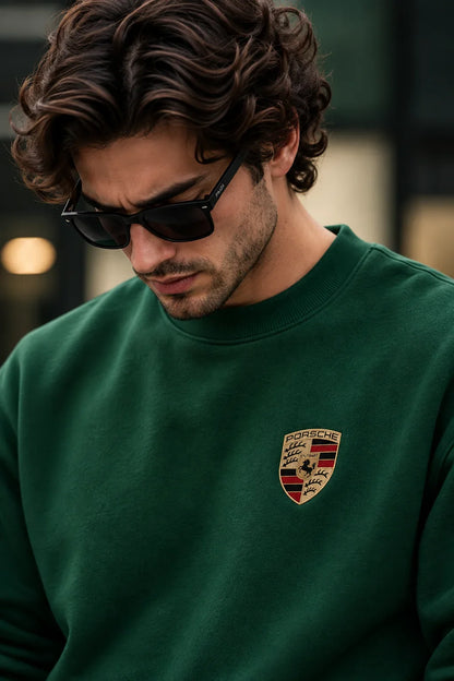 Men’s Bottle Green Sports Car Graphic Printed Sweatshirt – Front & Back Automotive Streetwear