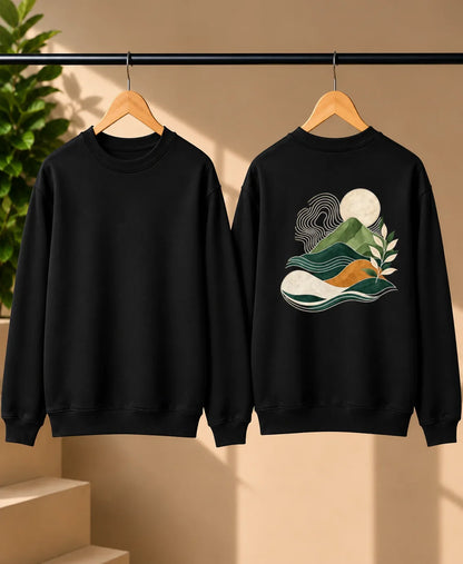 Men’s Navy Blue Nature Landscape Graphic Printed Sweatshirt – Crew Neck Casual Winter Wear