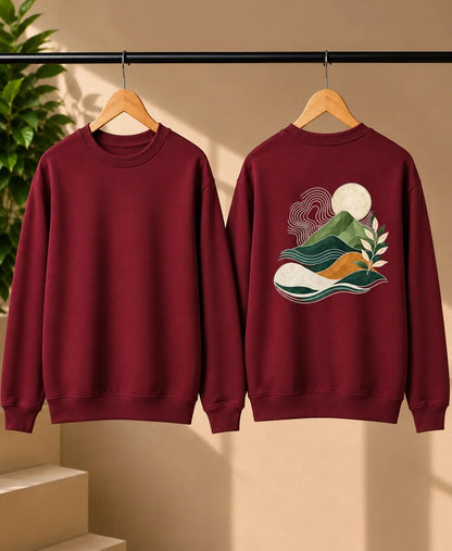 Men’s Navy Blue Nature Landscape Graphic Printed Sweatshirt – Crew Neck Casual Winter Wear