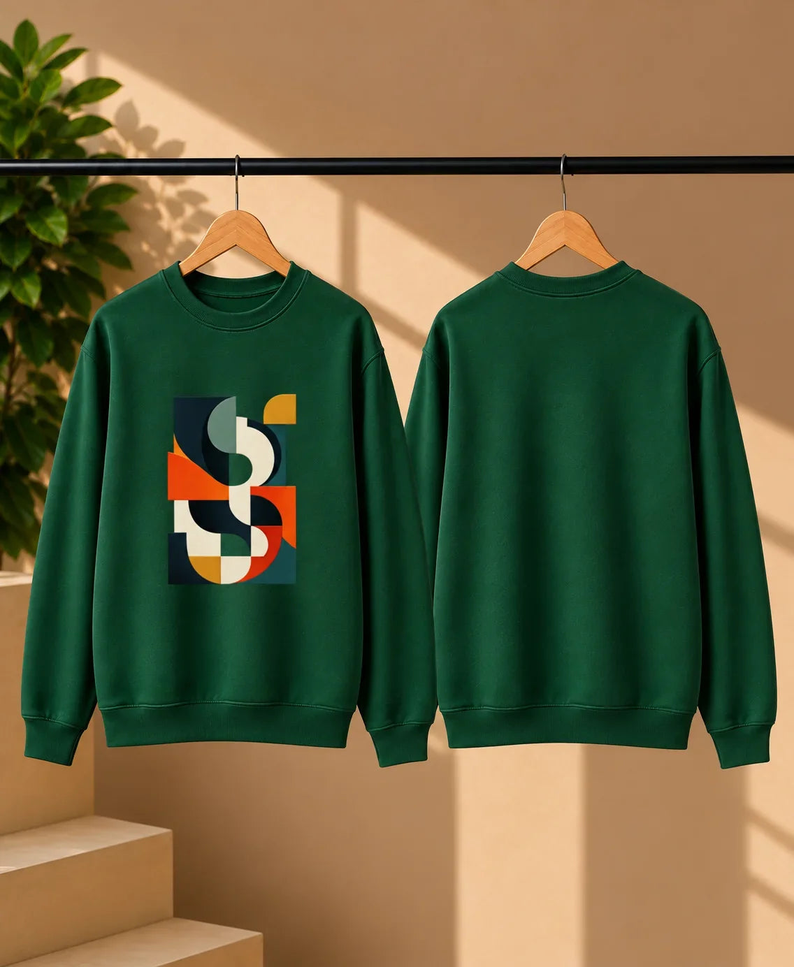 Men’s White Abstract Geometric Graphic Printed Sweatshirt – Crew Neck Casual Streetwear