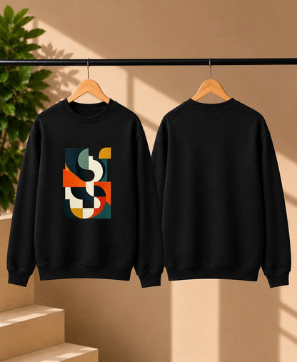 Men’s White Abstract Geometric Graphic Printed Sweatshirt – Crew Neck Casual Streetwear