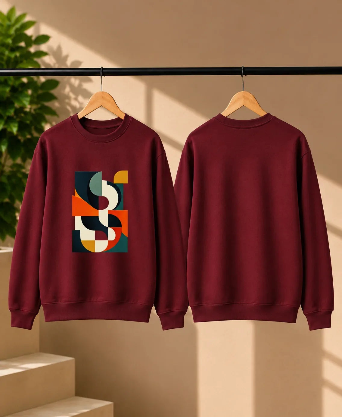 Men’s White Abstract Geometric Graphic Printed Sweatshirt – Crew Neck Casual Streetwear