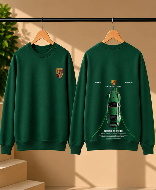 Men’s Bottle Green Sports Car Graphic Printed Sweatshirt – Front & Back Automotive Streetwear