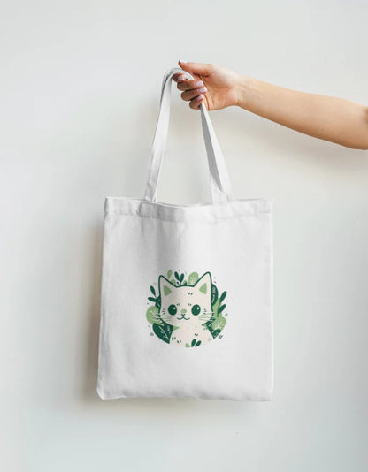 Cute Green Botanical Cat White Canvas Tote Bag | Reusable Eco-Friendly Shoulder Shopping Bag