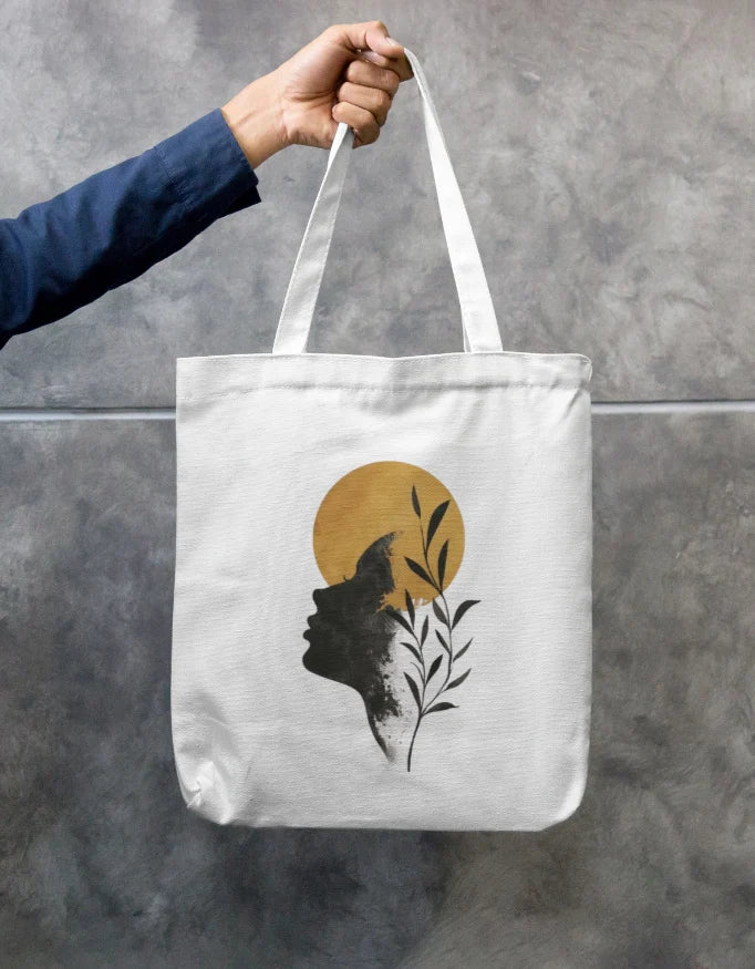 Boho Woman Silhouette and Sun Canvas Tote Bag | Reusable Eco-Friendly Shoulder Shopping Bag