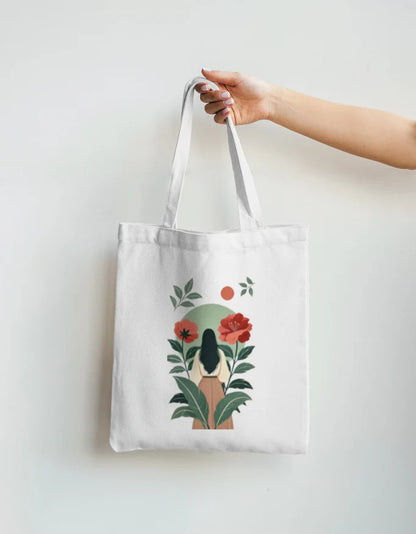 Boho Woman Garden Artwork White Canvas Tote Bag | Reusable Eco-Friendly Shoulder Shopping Bag