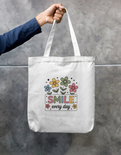 Smile Every Day Floral Canvas Tote Bag | Reusable Cute Cotton Shoulder Bag