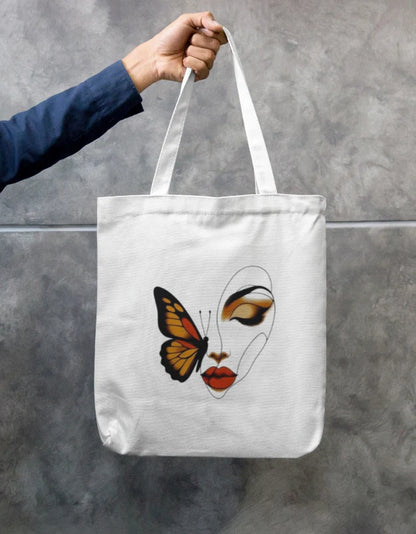 Monarch Butterfly Line Art Woman Face Canvas Tote Bag | Reusable Eco-Friendly Shoulder Shopping Bag