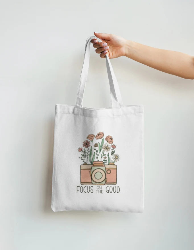 Focus On The Good Floral Camera White Canvas Tote Bag | Reusable Eco-Friendly Shoulder Shopping Bag