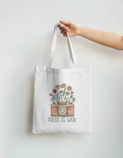 Focus On The Good Floral Camera White Canvas Tote Bag | Reusable Eco-Friendly Shoulder Shopping Bag