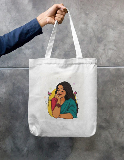 Indian Woman in Saree Canvas Tote Bag | Reusable Eco-Friendly Shoulder Shopping Bag