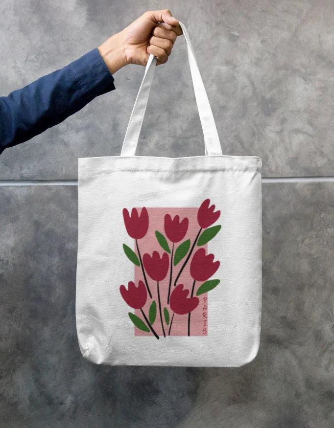 Red Paris Tulips Art White Canvas Tote Bag | Reusable Eco-Friendly Shoulder Shopping Bag