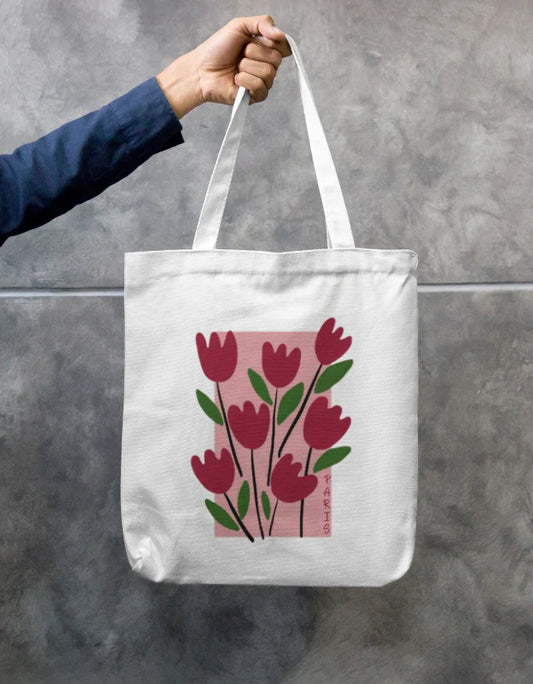Red Paris Tulips Art White Canvas Tote Bag | Reusable Eco-Friendly Shoulder Shopping Bag