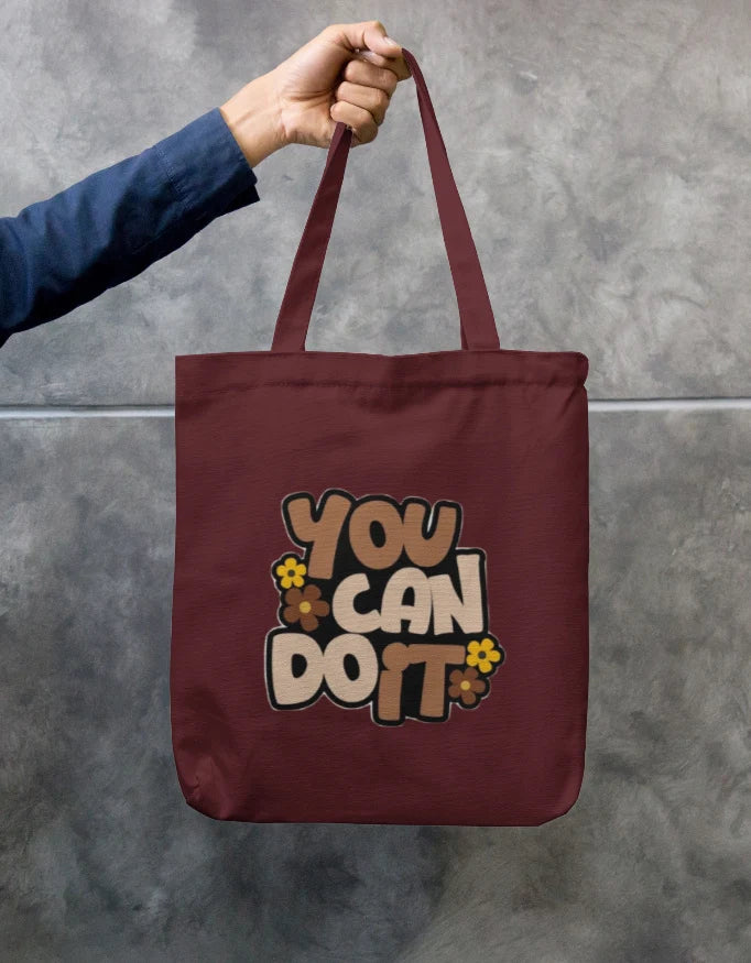 You Can Do It Retro Floral Black Canvas Tote Bag | Reusable Eco-Friendly Shoulder Shopping Bag
