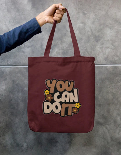You Can Do It Retro Floral Black Canvas Tote Bag | Reusable Eco-Friendly Shoulder Shopping Bag