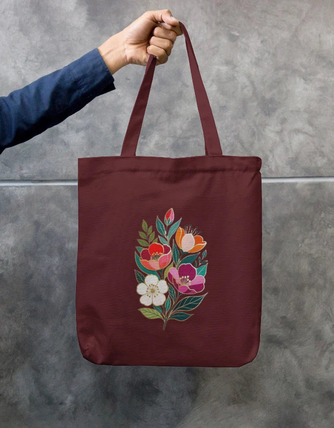 Folk Art Floral Bouquet Black Canvas Tote Bag | Reusable Eco-Friendly Shoulder Shopping Bag