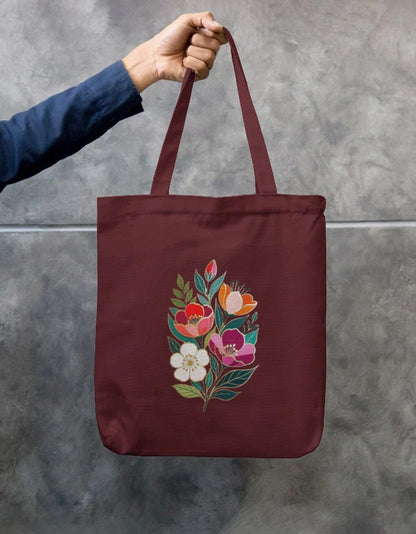 Folk Art Floral Bouquet Black Canvas Tote Bag | Reusable Eco-Friendly Shoulder Shopping Bag