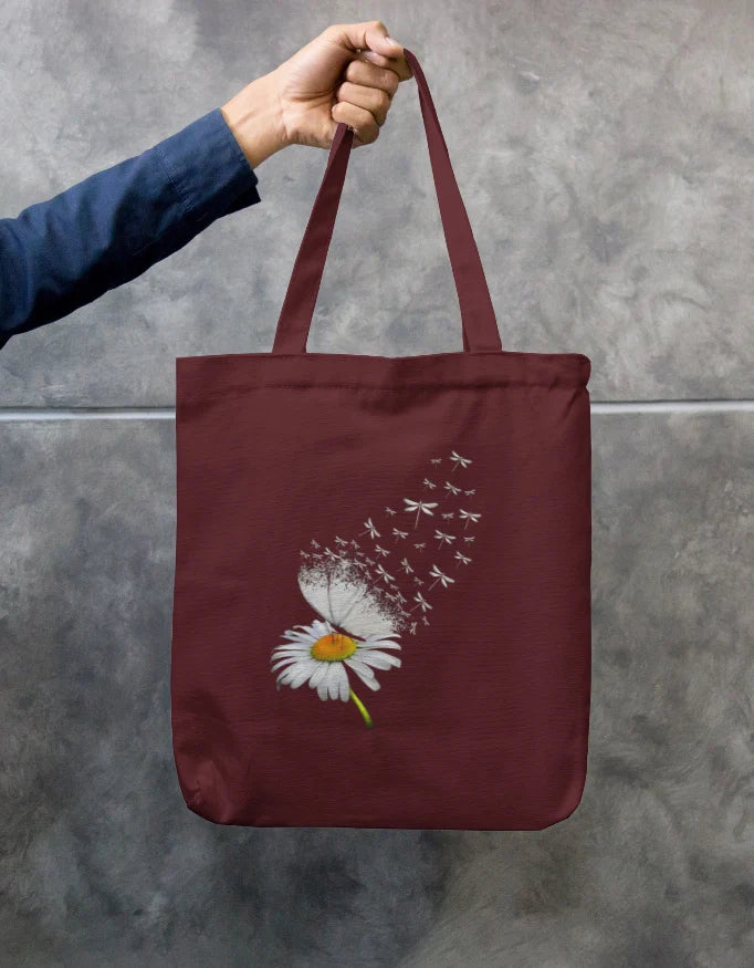 Daisy Flower Black Canvas Tote Bag | Reusable Eco-Friendly Shoulder Shopping Bag