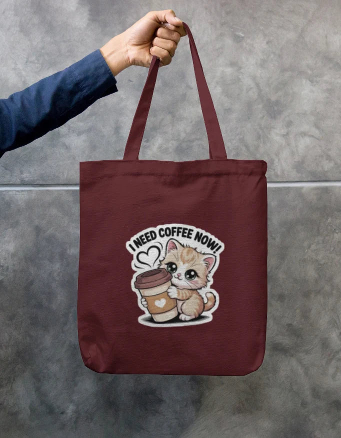 I Need Coffee Now Cute Kitten Black Canvas Tote Bag | Reusable Eco-Friendly Shoulder Shopping Bag
