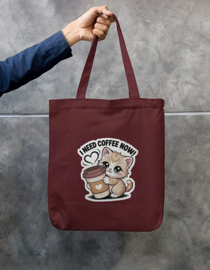 I Need Coffee Now Cute Kitten Black Canvas Tote Bag | Reusable Eco-Friendly Shoulder Shopping Bag