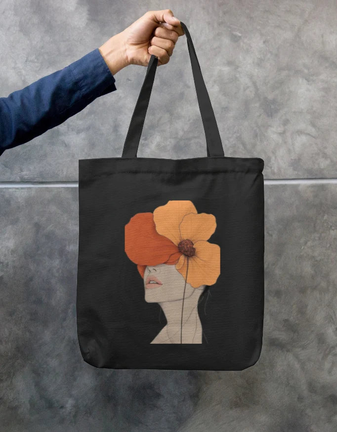 Surreal Floral Portrait Navy Canvas Tote Bag | Reusable Eco-Friendly Shoulder Shopping Bag